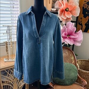 H&M Blue Denim Long Sleeve Deep V Classic Popover Boho Preppy Beach Tunic Top